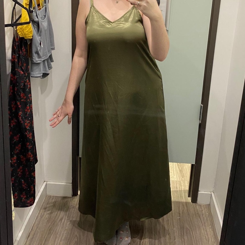 Vince V Neck Slip Dress in Green Satin